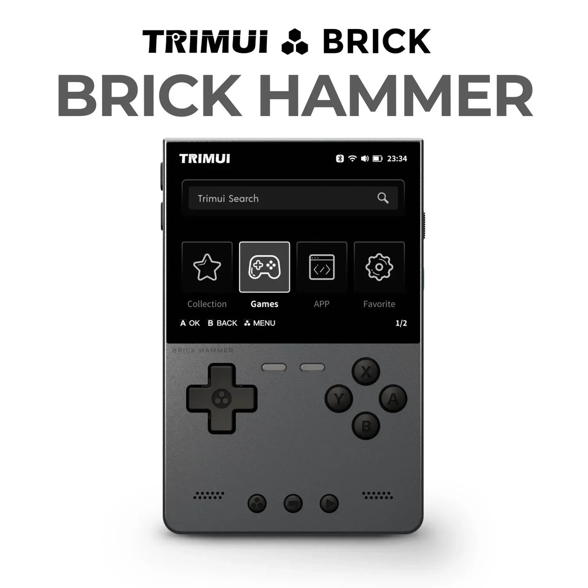 TrimUI Brick vs Miyoo Mini Plus: the dark grey TrimUI Brick Hammer showing its game menu