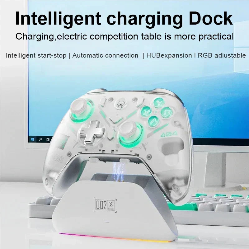 Hall effect vs TMR joysticks: the white Aolion K20 Hall effect controller on its lit charging dock