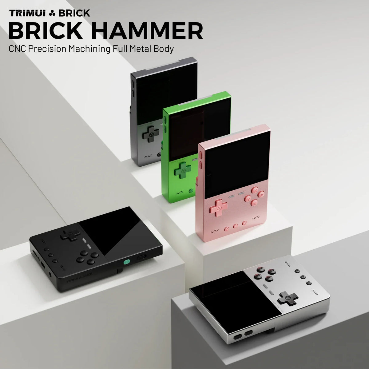 Trimui Brick Hammer handhelds in five metal colors, a retro handheld as a gift idea