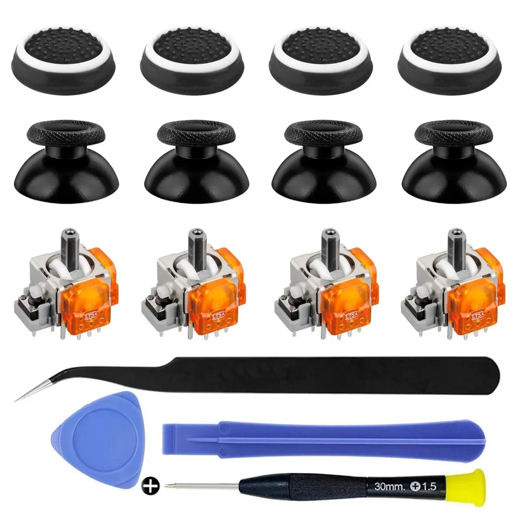Kit to fix joystick drift: four TMR replacement sticks with thumbstick caps, tweezers, pry tools and a small screwdriver