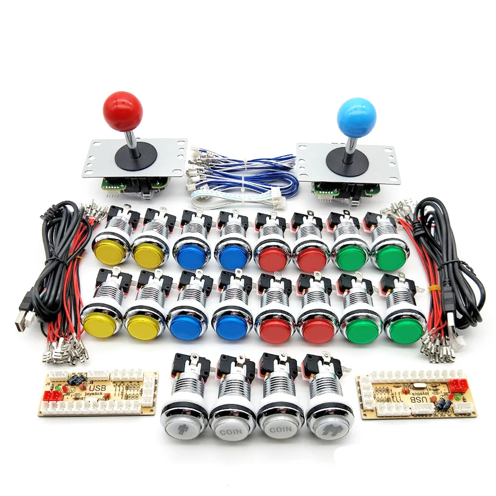 Arcade Kit with LED Silver Chrome Coin Buttons, Sanwa Joystick, USB Encoder Cable for PC Raspberry Pi, 2 Player, DIY Game Parts