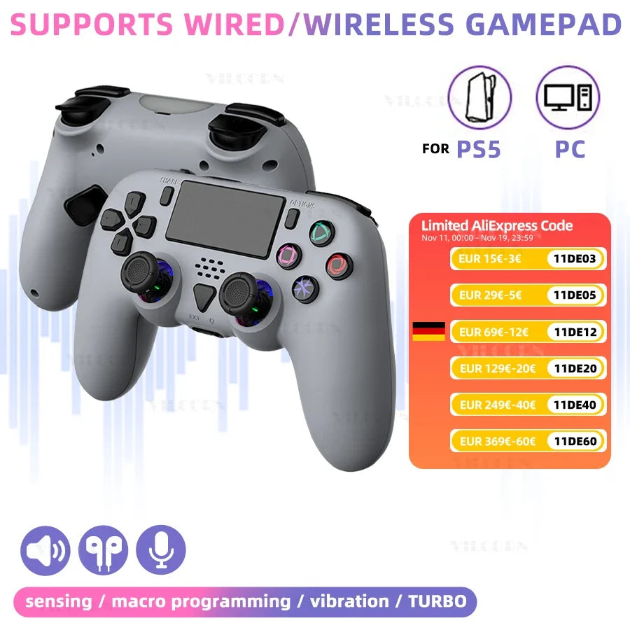 Wireless Gamepad for PS5, PS5 Slim & Pro, Macro Programming, Touchpad