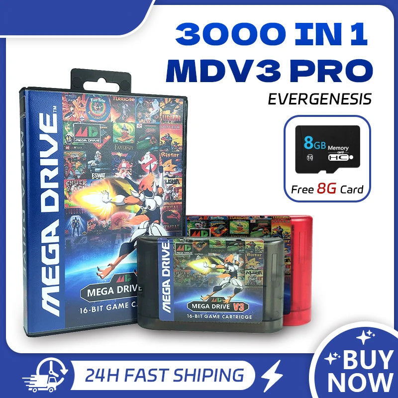 MegaDrive Genesis 3000 in 1 MD V3 Pro Game Cartridge, 8GB TF Card