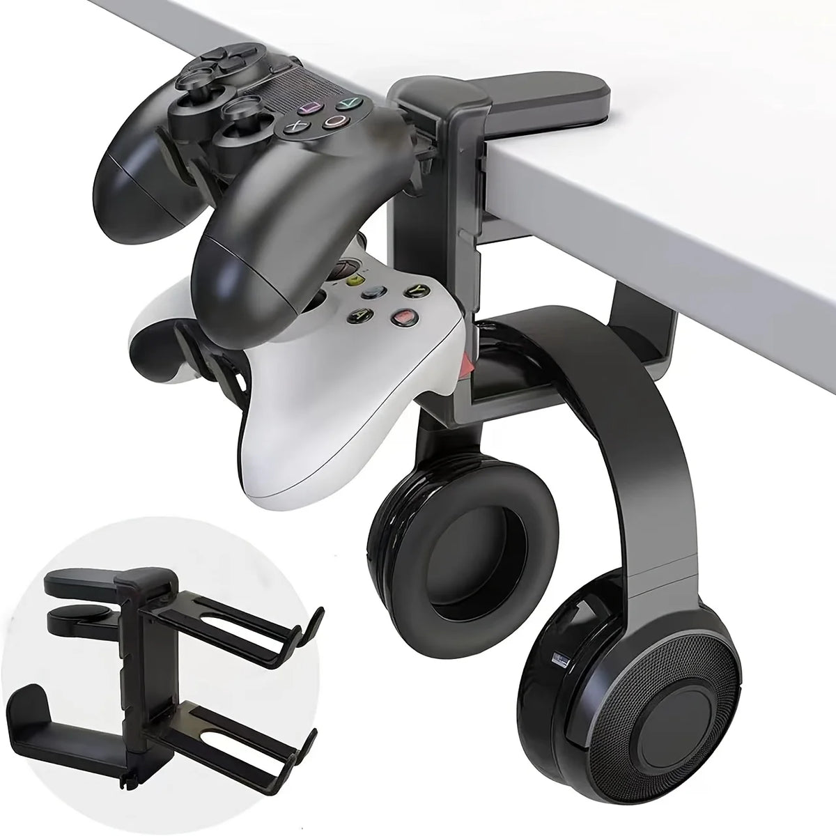3-in-1 Headset & Controller Stand W/ Adjustable Clamp, Rotating Arm & Cable Management. Gaming Headphone & Controller Holder