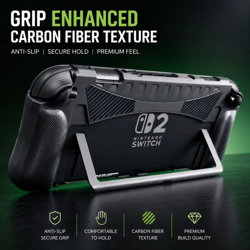 Ergonomic TPU Protective Case for Nintendo Switch 2 Anti-Slip Carbon Fiber Grip Cover with Kickstand Shockproof Full Protection