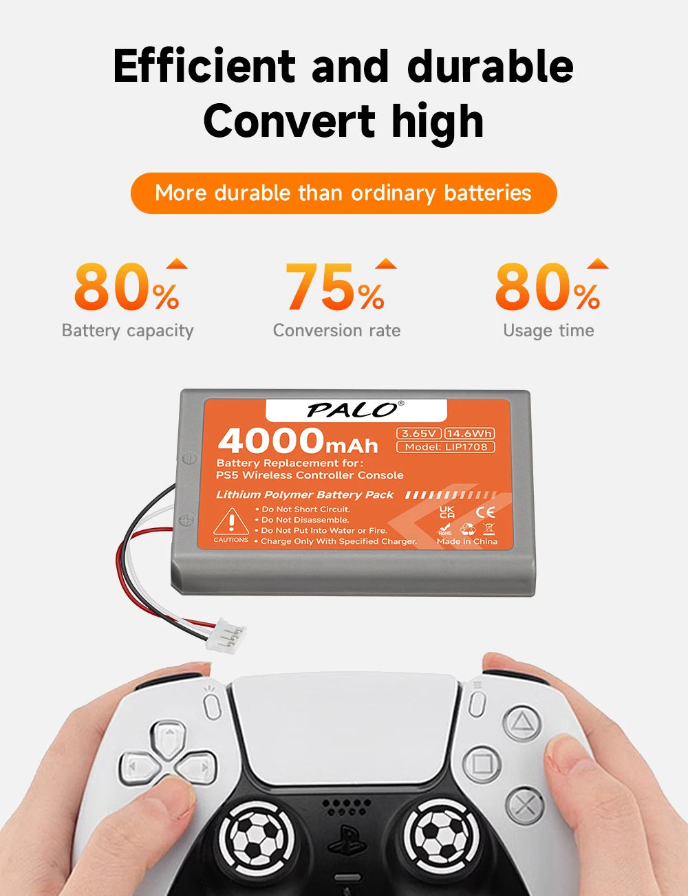 PALO 4000mAh Battery for PS5 Controller LIP1708, Rechargeable