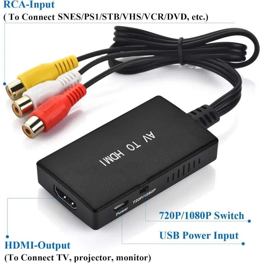 AV To HDMI RCA To HDMI Video Composite Adapter Converter with USB Cable CVBS AV Adapter for N64 Wii PS1/2/3 Xbox One SNES Etc