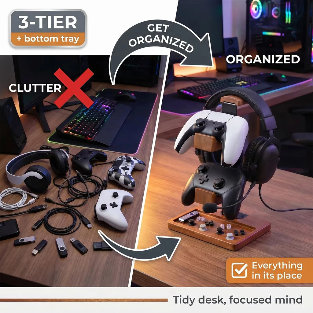 3-Layer Solid Wood Desktop Headphone and Controller Stand