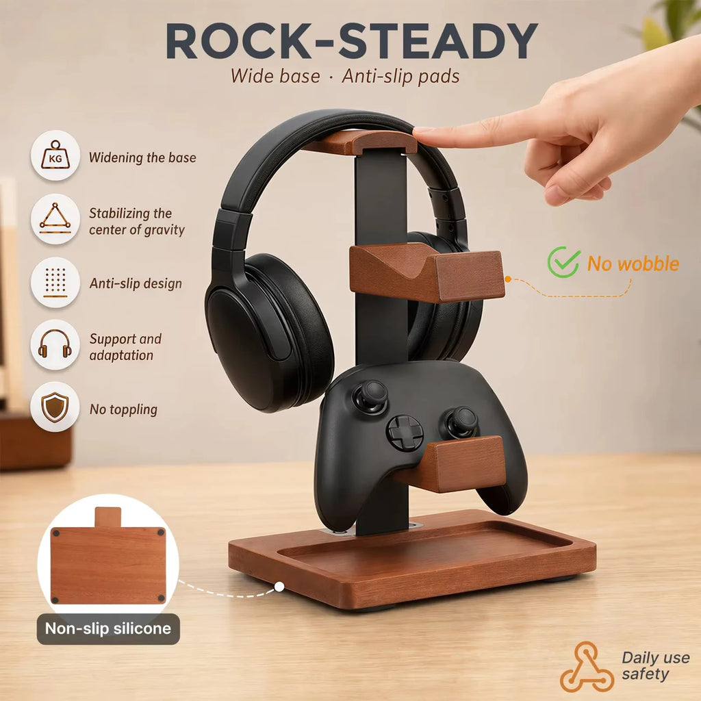 3-Layer Solid Wood Desktop Headphone and Controller Stand