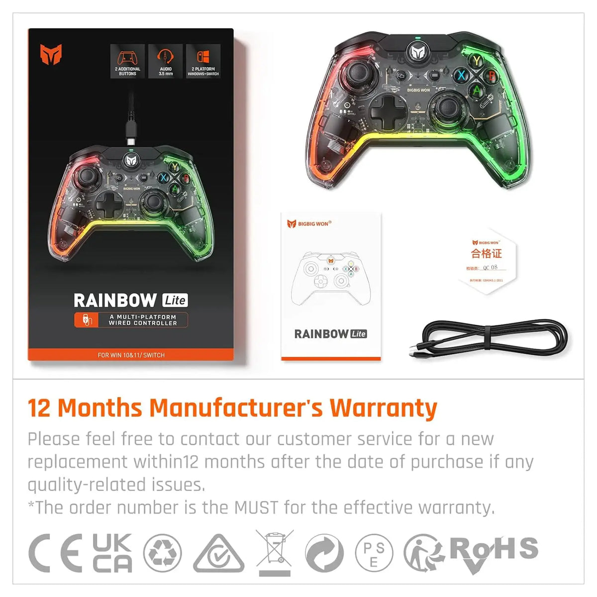 BIGBIG WON Gaming Controller Rainbow Lite With Joystick RGB Wired Game Gamepads joystick for Switch/Win10&11