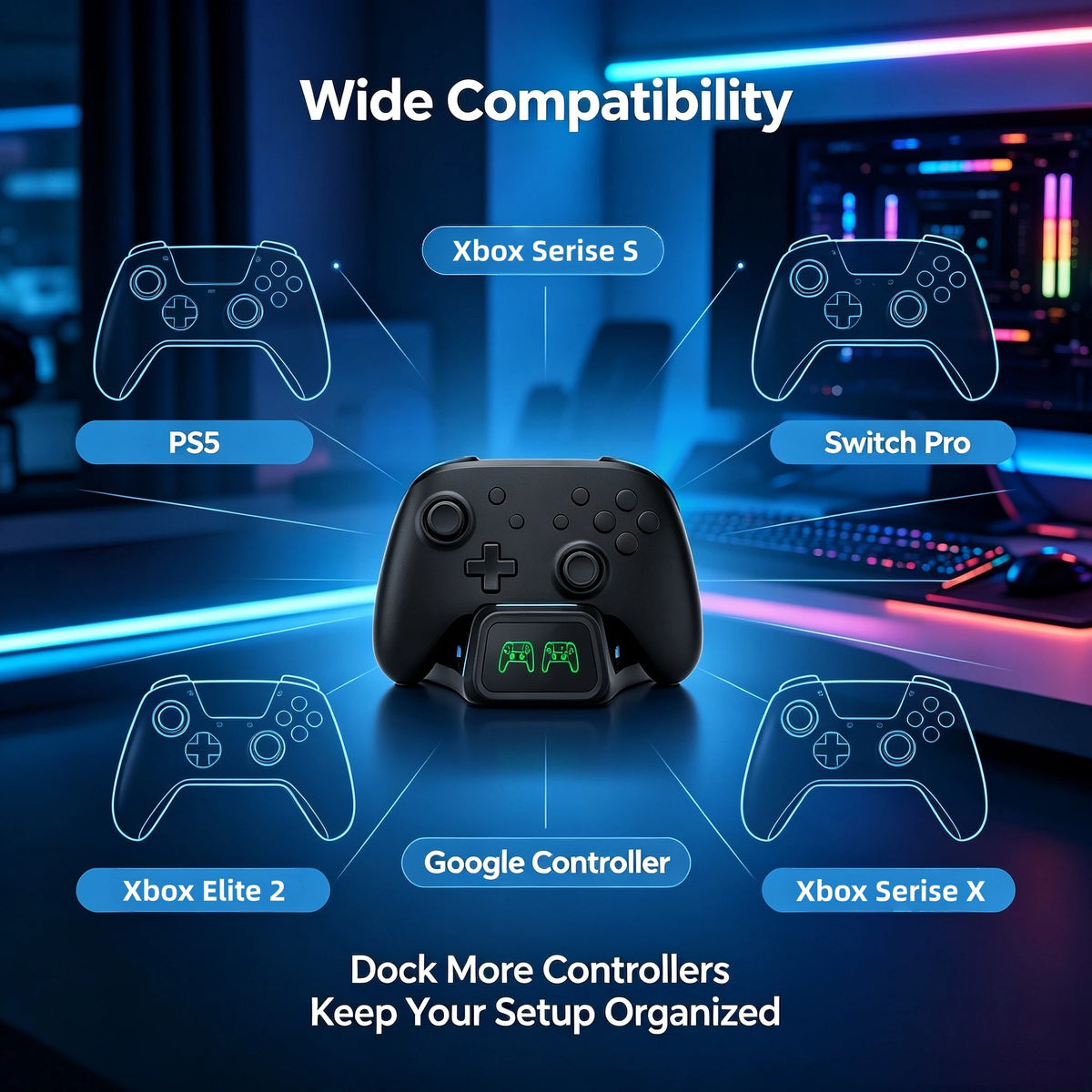 DOBE Dual Controller Charging Dock, Game Handle Charger Stand for Xbox Series X/S, PS5, Nintendo Switch Pro Controller