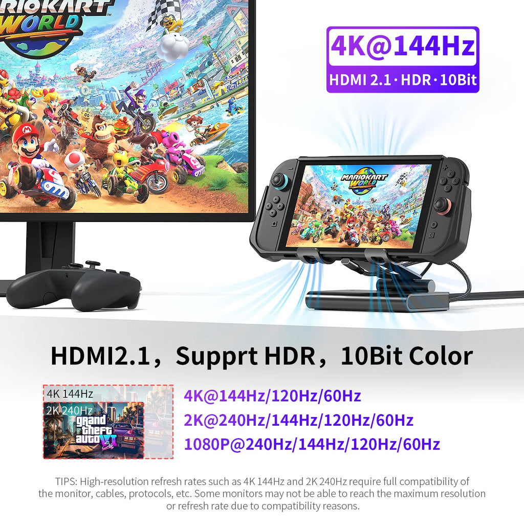 100W Switch 2 Docking Station with Dual Cooling Fan 4K 60Hz HDMI 1000Mbps Ethernet Port For Dock ROG Ally Ally X Steam Deck