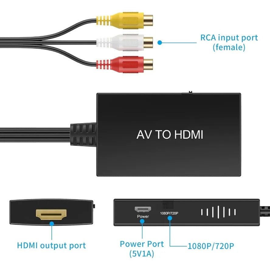 AV To HDMI RCA To HDMI Video Composite Adapter Converter with USB Cable CVBS AV Adapter for N64 Wii PS1/2/3 Xbox One SNES Etc