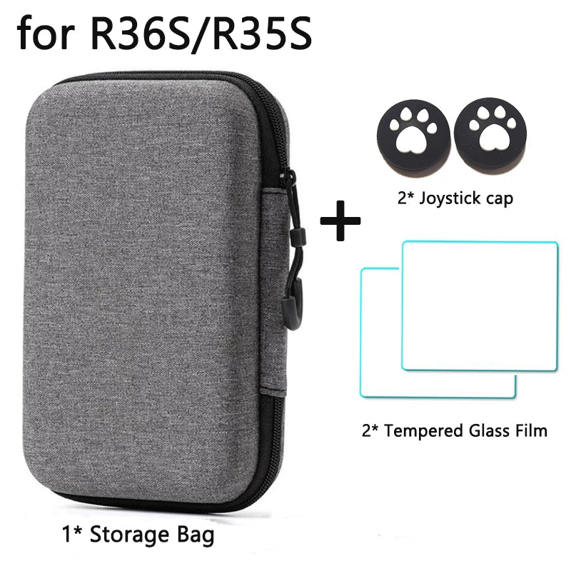 3-IN-1 Bag+Glass+Cap for R36S/R35S Portable Storage Bag & 2Pcs Screen Tempered Glass Film & Joystick Cap for R36S Accessories
