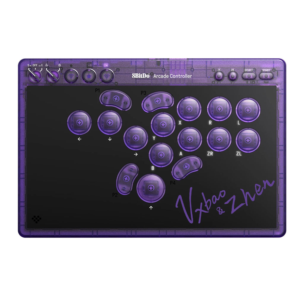8BitDo Arcade Controller Transparent Purple Signature Edition, Wired, Wireless Bluetooth, 2.4G, Low-profile Mechanical Switches for Nintendo Switch / Switch 2 Windows