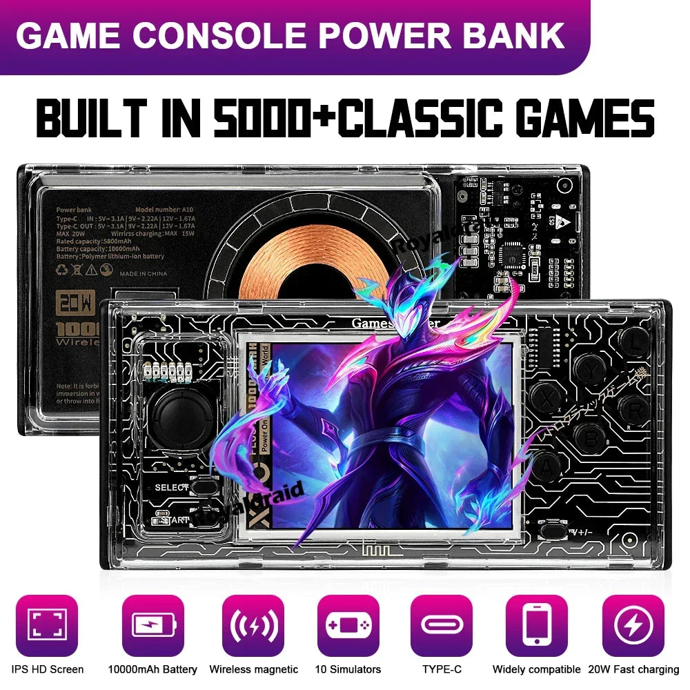 A10 Handheld Game Console and 10000mAh Power Bank, 2-in-1