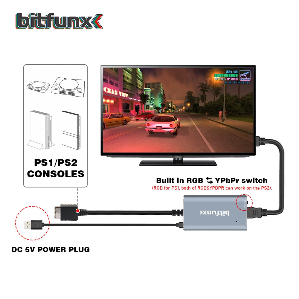 Bitfunx RGB YPBPR to 1080P HDMI™ Converter For PS2 PS1 PS One PlayStation Game Consoles With RGB to YPbPr Switch