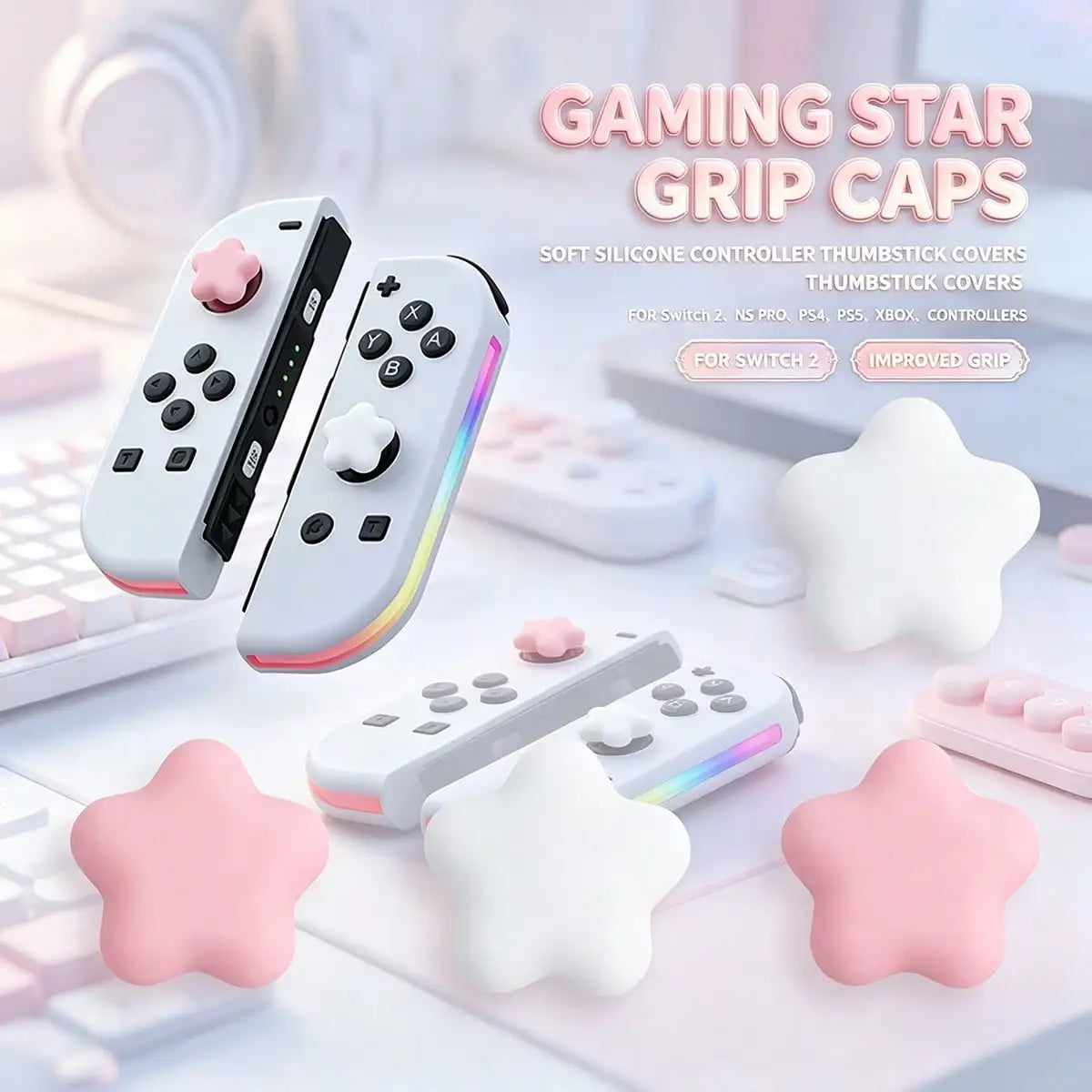 PCS Cute 3D Star Silicone Thumb Grip Caps, Joystick Protective Cover Compatible With Switch 2/Switch OLED/, P4, P5, Controller, Soft Anti-slip Game Console Joycon Accessories