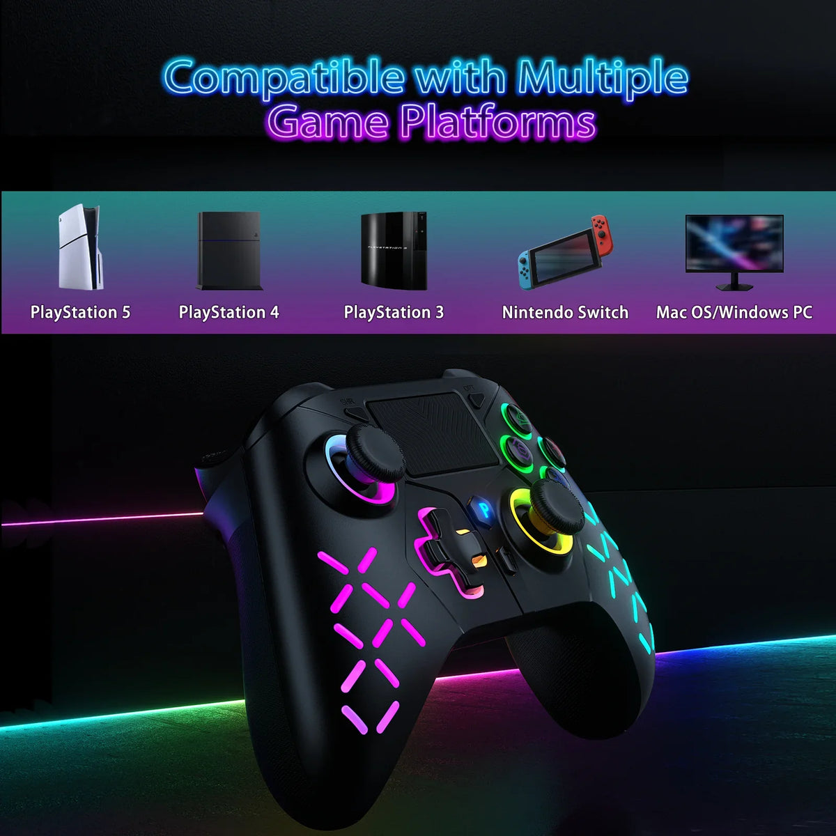 Bonacell Wireless Controller for PS5 PS4 PS3 PC Switch with RGB