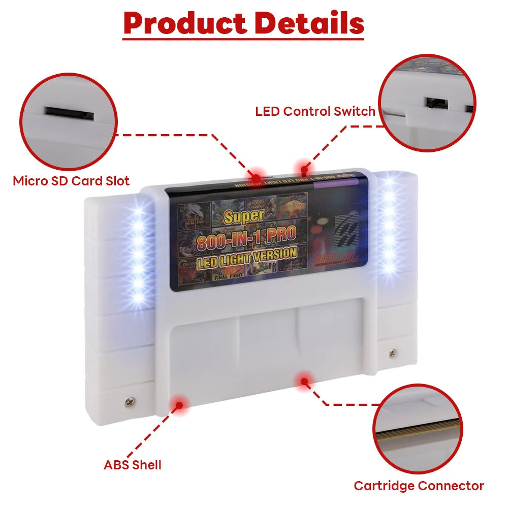 800 in 1 SNES Game Cartridge with LED Light, Region Free Shell