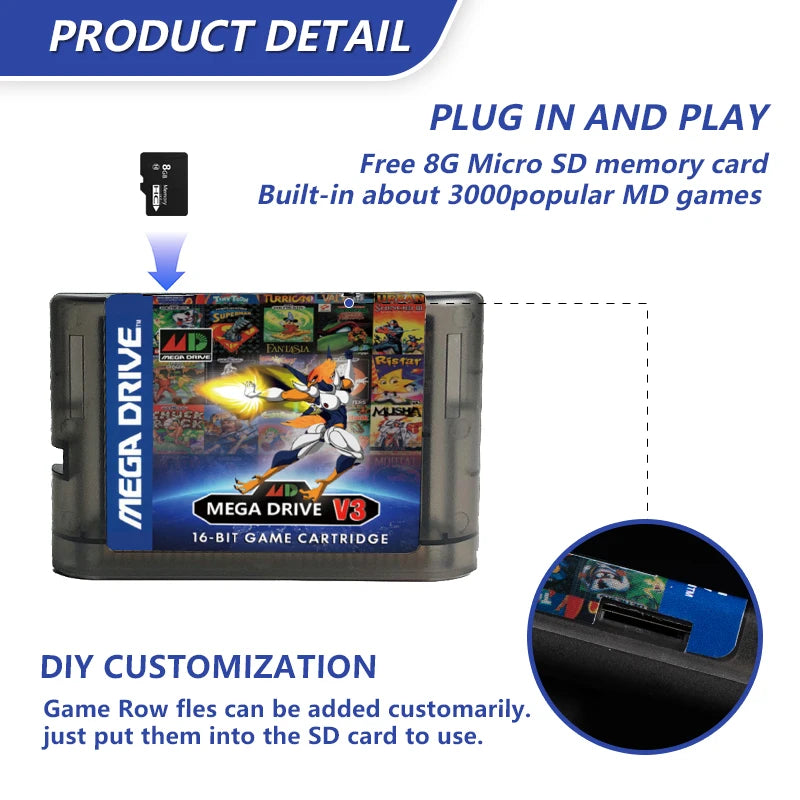 MegaDrive Genesis 3000 in 1 MD V3 Pro Game Cartridge, 8GB TF Card