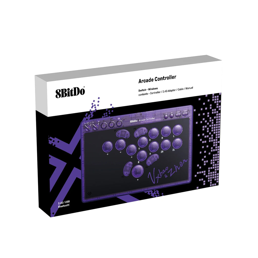 8BitDo Arcade Controller Transparent Purple Signature Edition, Wired, Wireless Bluetooth, 2.4G, Low-profile Mechanical Switches for Nintendo Switch / Switch 2 Windows