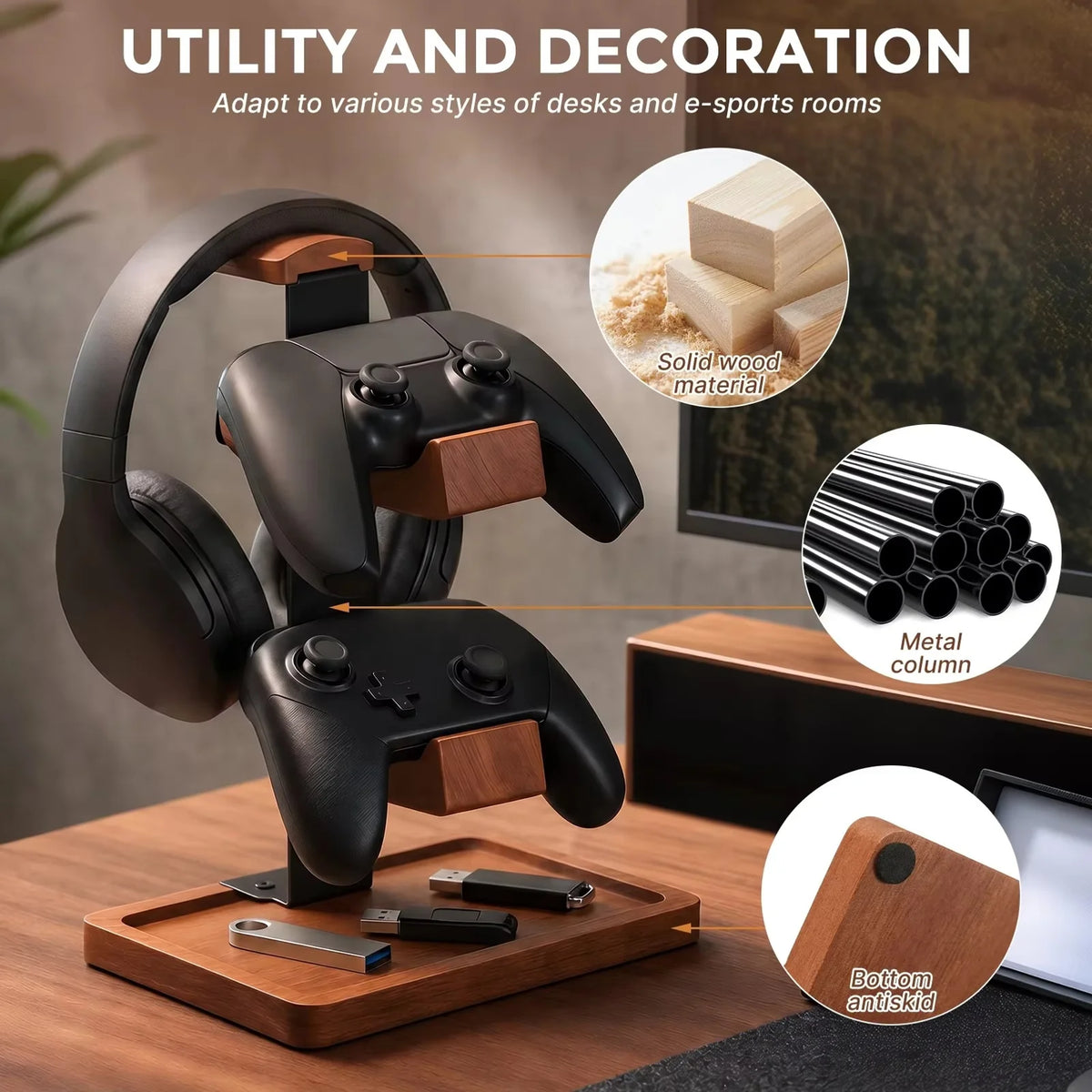 3-Layer Solid Wood Desktop Headphone and Controller Stand