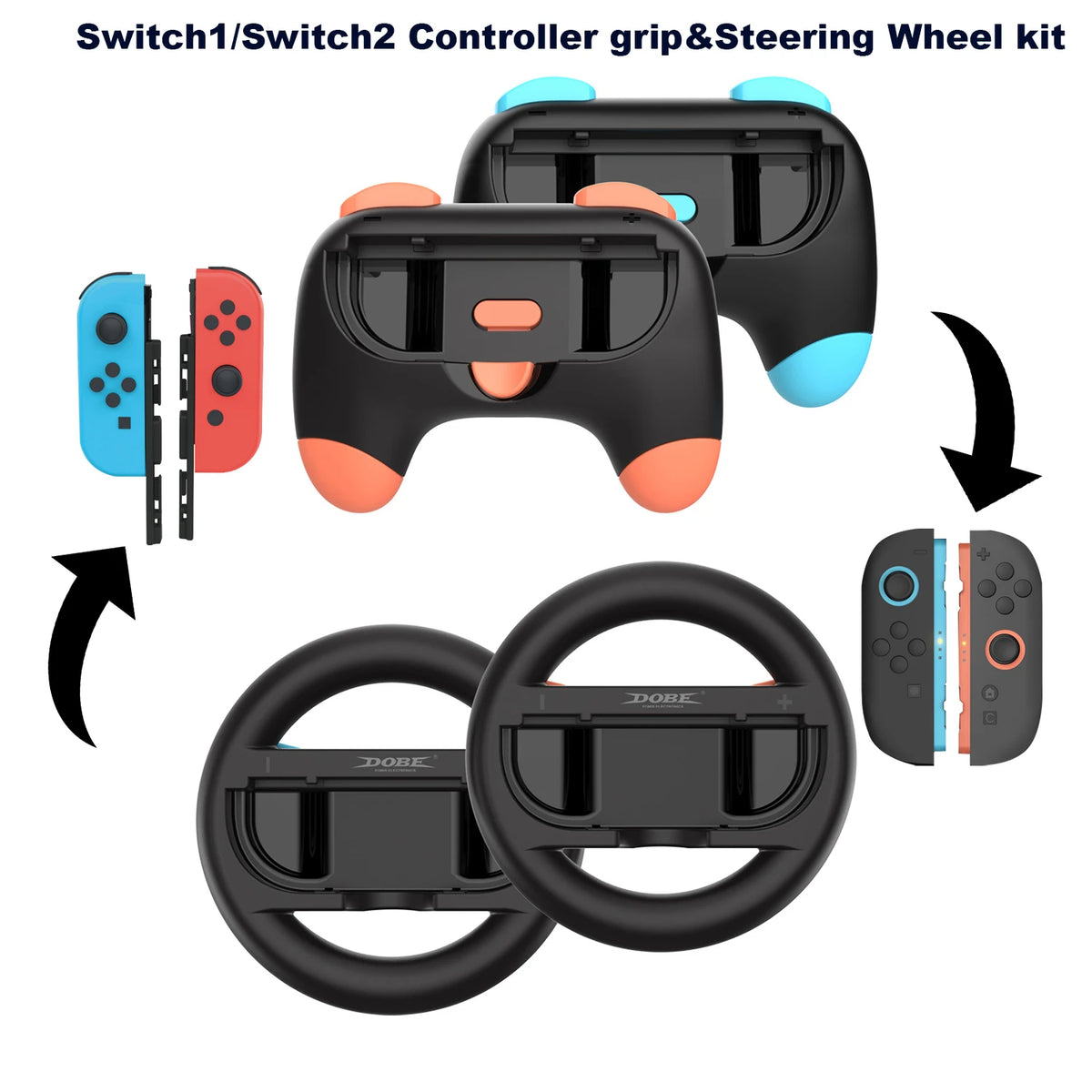 DOBE Nintendo Switch 2 Joy-Con Grip & Steering Wheel Kit, 4PCS