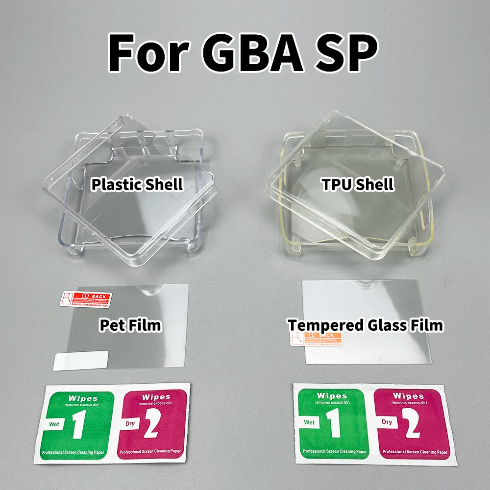 Clear Protective Cover Case Hard Shell Housing For GBA SP Game Console Crystal Cover Case TPU Shell Screen Protector Film