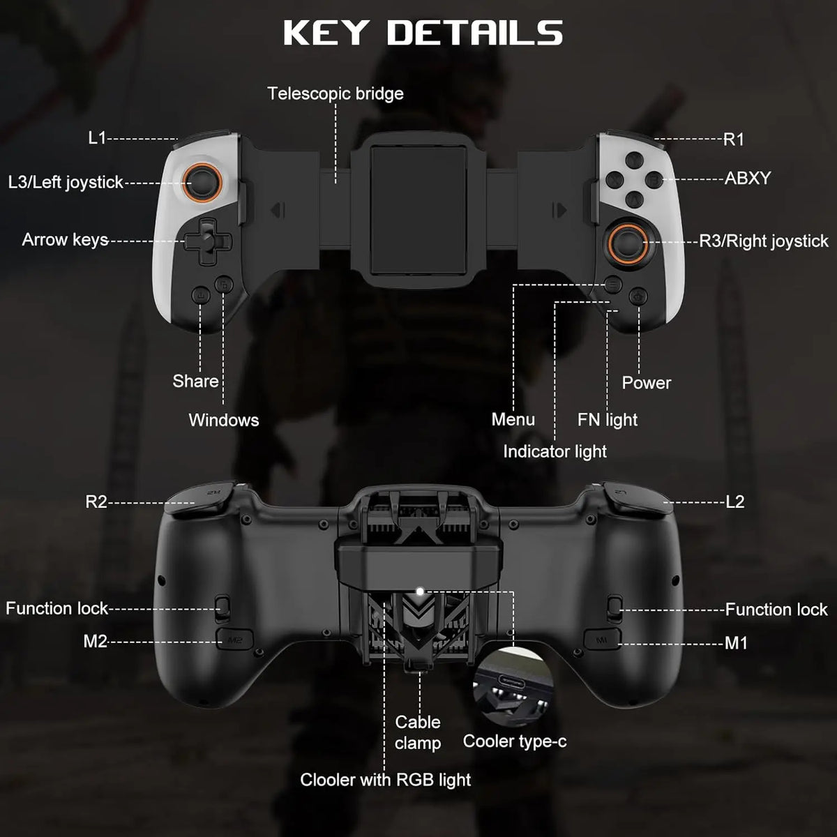 JK02 Mobile Gaming Controller with RGB Cooler for iPhone/Android/PC/Switch/Apple Arcade MFi Games with Customized Keys TURBO