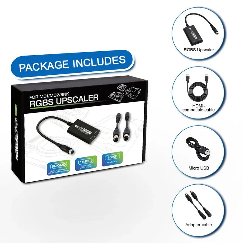 RGBS Upscaler For SEGA MD1 MD2 SNK Game Console 1080P HDMI Converter Adapter with 16:9/4:3 Aspect Ratio Switch