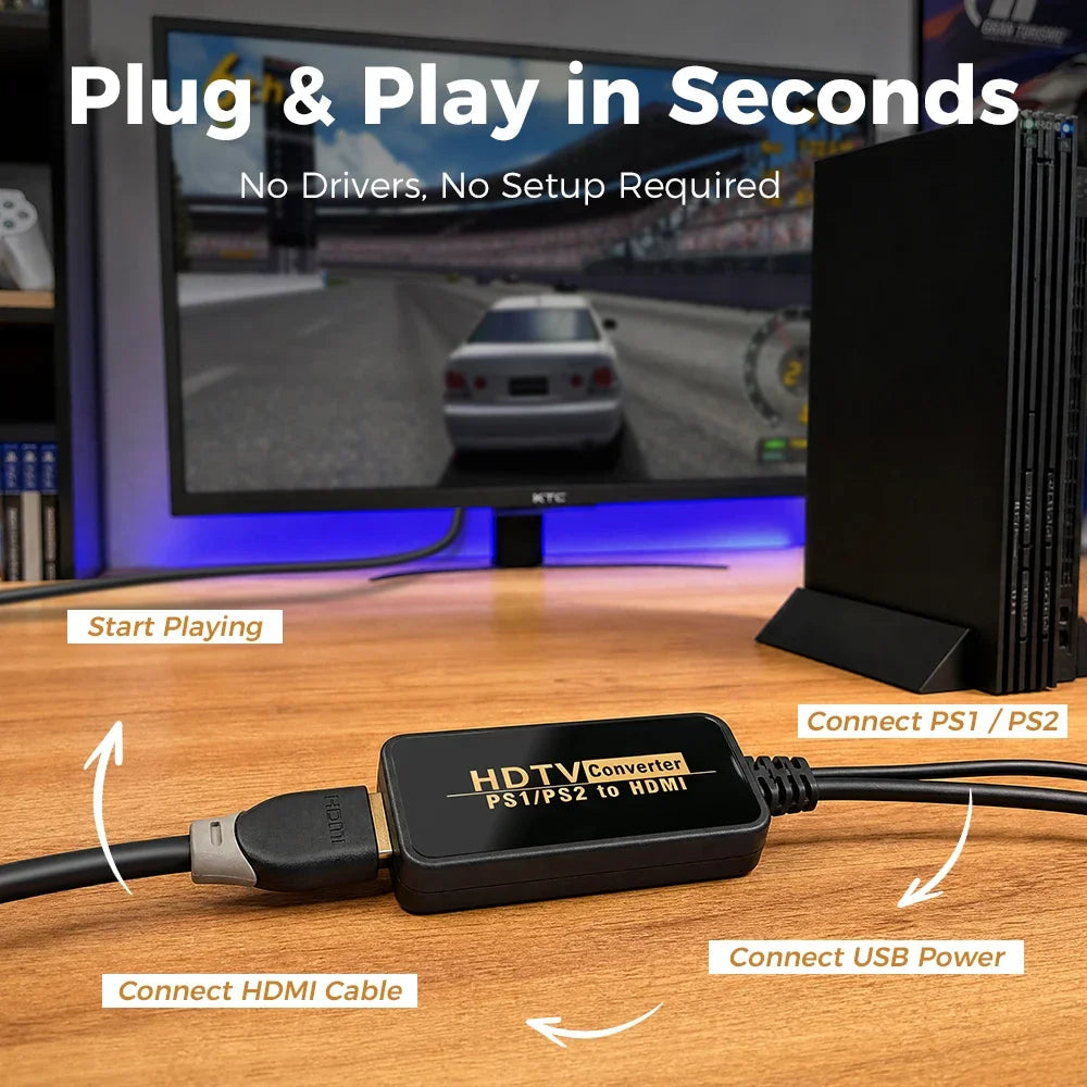 PS1 PS2 to HDMI Converter Adapter 1080P 720P HD Audio Video Cable For PlayStation 1 2 Game Consoles With USB Power Cord For HDTV