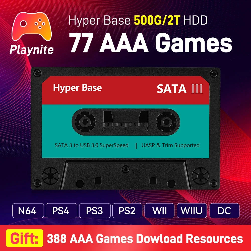 Portable 500G/2T Retro Game Hard Drive With 77 AAA Games Playnite Emulator Game Console For N64/PS4/PS3/PS2/DC For Win PC/Laptop