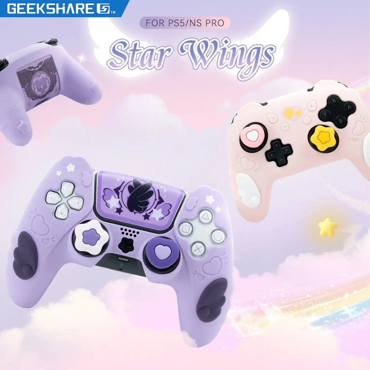 GeekShare Protective Cover Skin for PS5 / NS PRO/Switch 2 PRO Controller with 2 Thumb Grips and 1 Sticker, Star Wings Silicone