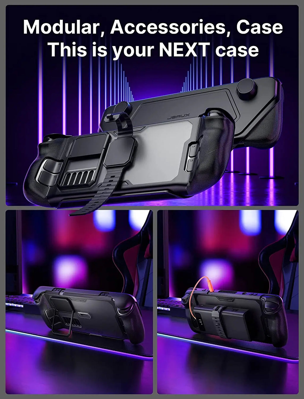JSAUX PC0104 ModCase for Steam Deck OLED,Protection Case with Front Cover,Back Shell,Metal Bracket and Strap for Steam Deck OLED