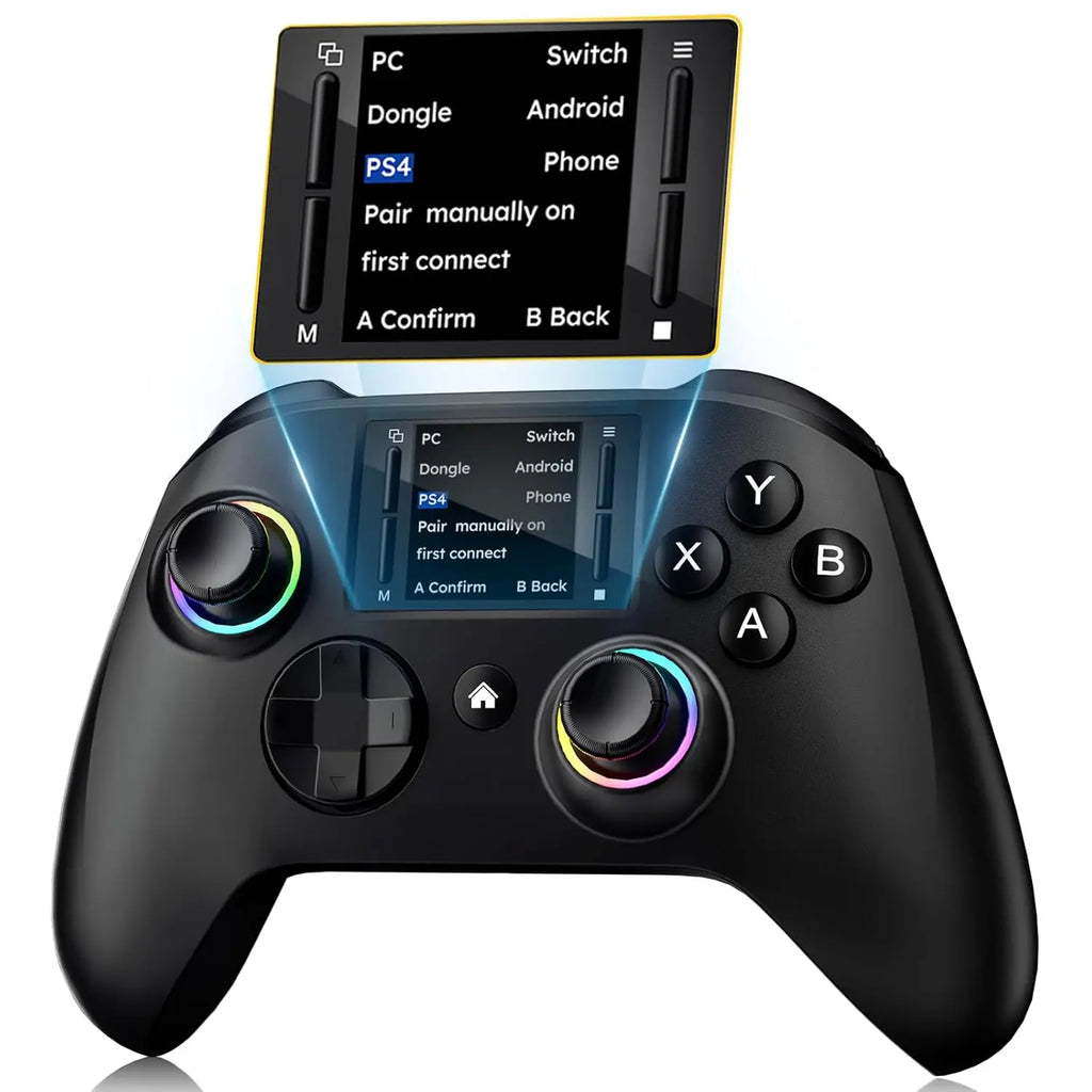 Wireless gaming controller with an interactive screen, compatible with PC, PS4, Switch, Android, and iOS devices. Features 4 programmable buttons, rapid-fire functionality, a 6-axis gyroscope, dual vibration feedback, and RGB