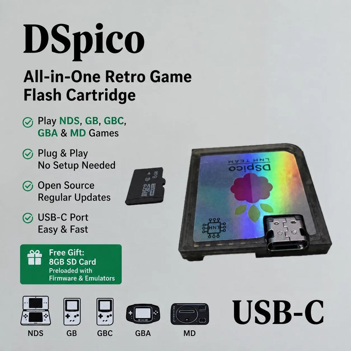 DSpico Flashcart USB-C Black Transparent Shell for DS/DSi/3DS/2DS