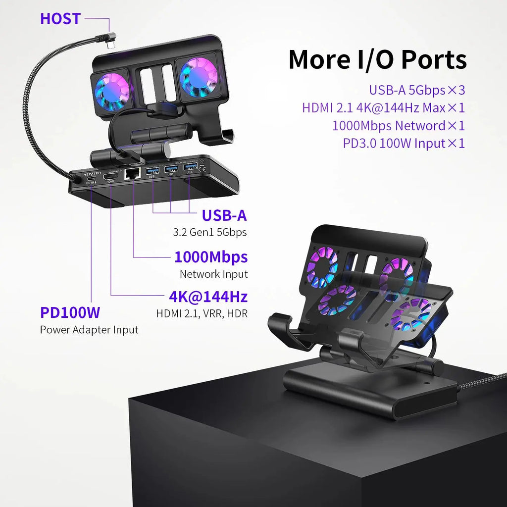 6 In 1 Dual Fans Docking Station for Rog Ally Steamdeck Game Console Dock Adjustable Height Dock Bracket with Hdmi 4K 60Hz