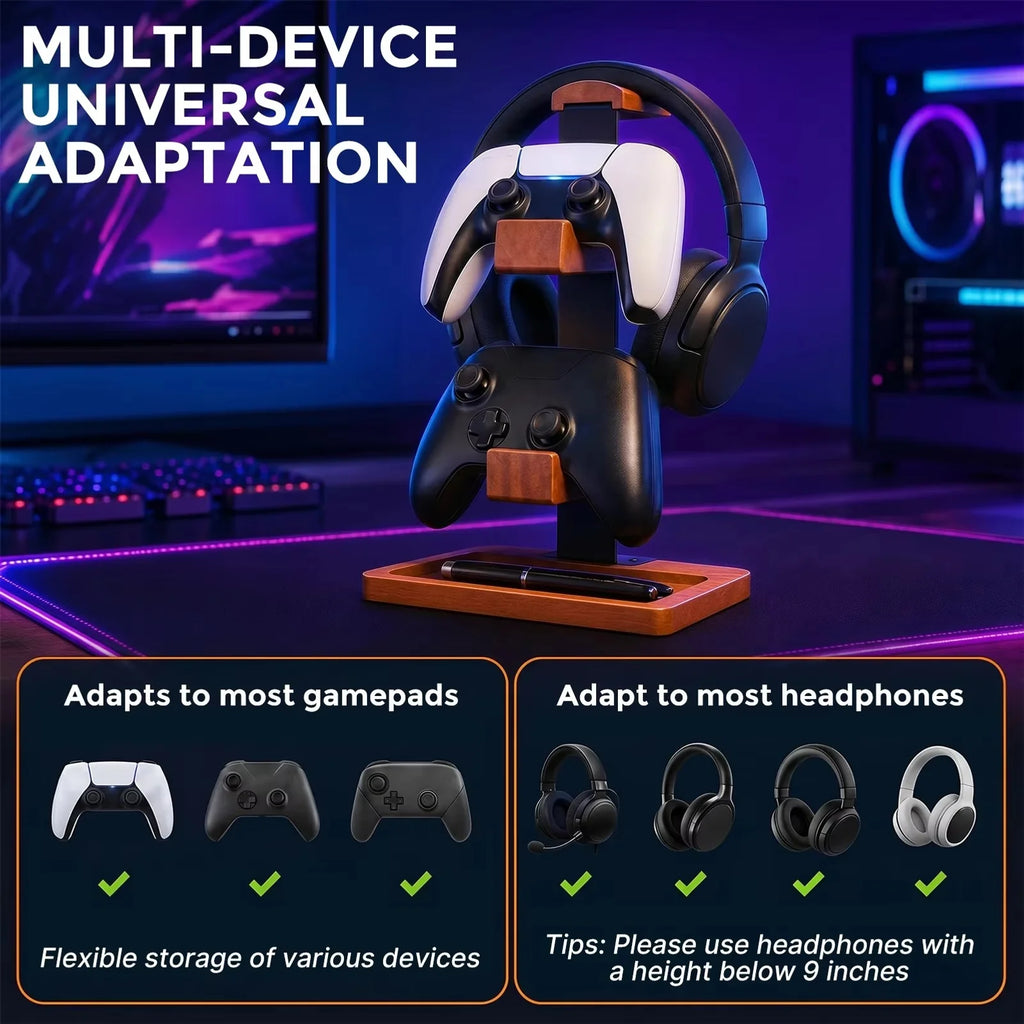 3-Layer Solid Wood Desktop Headphone and Controller Stand
