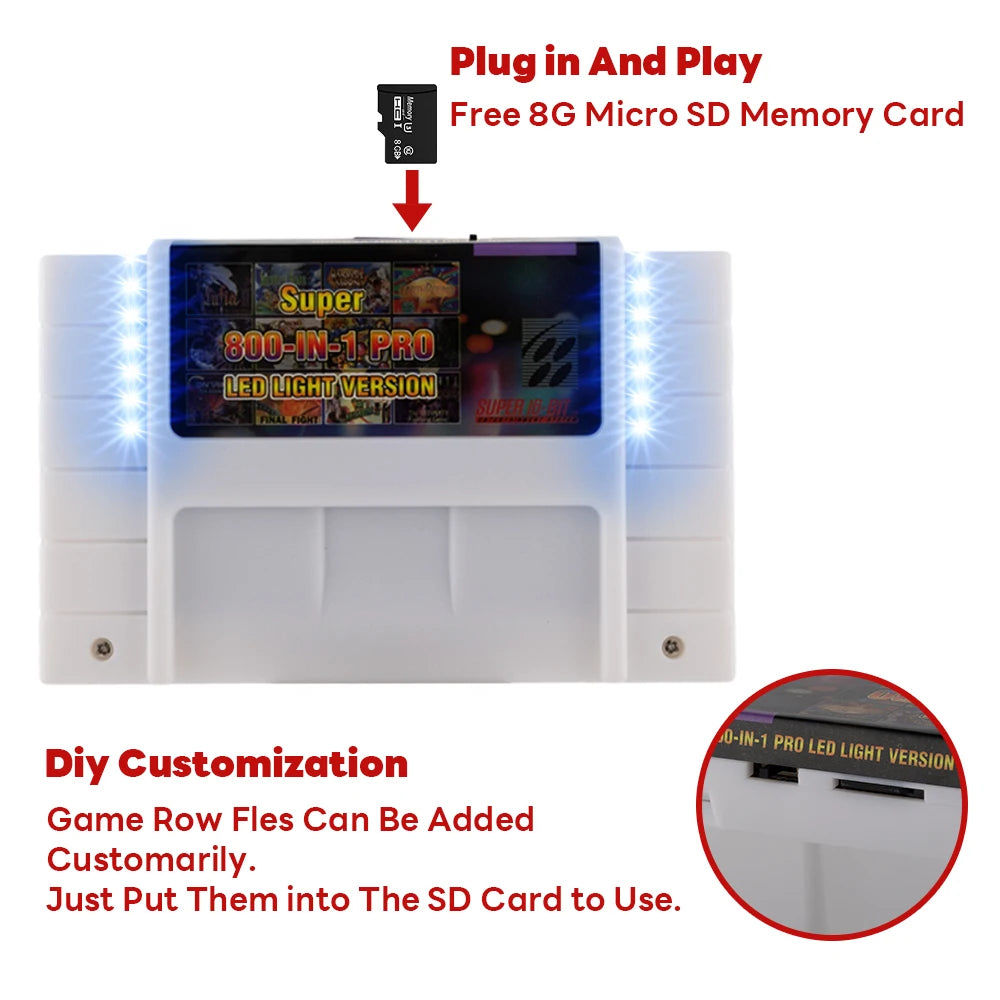 800 in 1 SNES Game Cartridge with LED Light, Region Free Shell