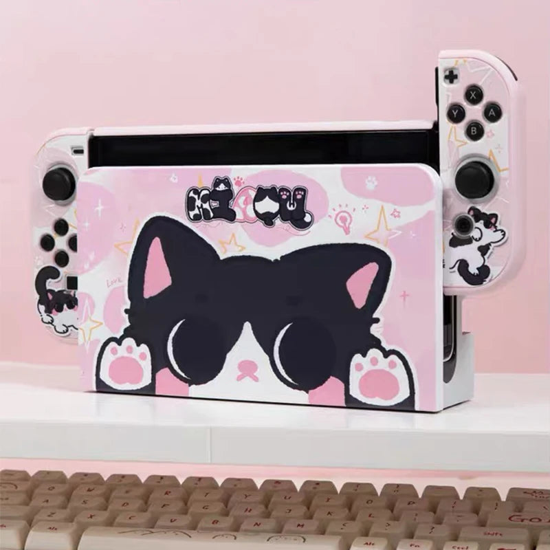 Pink Cat Case for Nintendo Switch OLED, Dockable Hard PC Shell