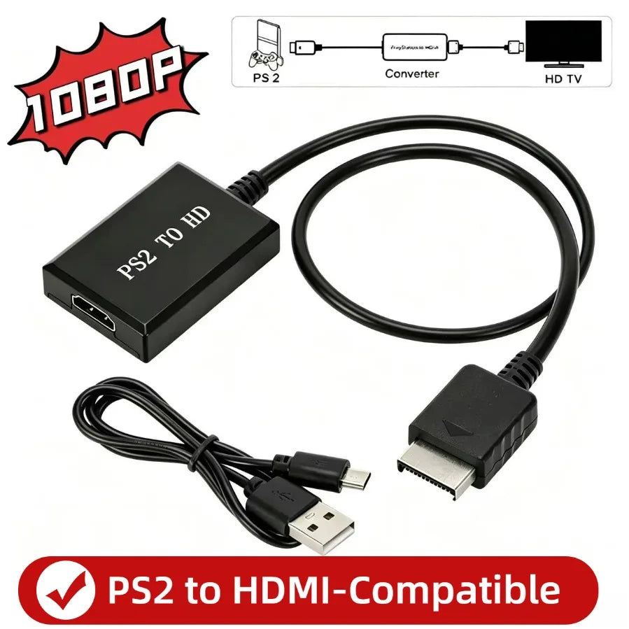 1080P PS2 to HDMI-Compatible Video Audio Converter Support PS1/PS2/PS3 Display Modes for HDTV PC with HD Cable PS2 to HD Adapter