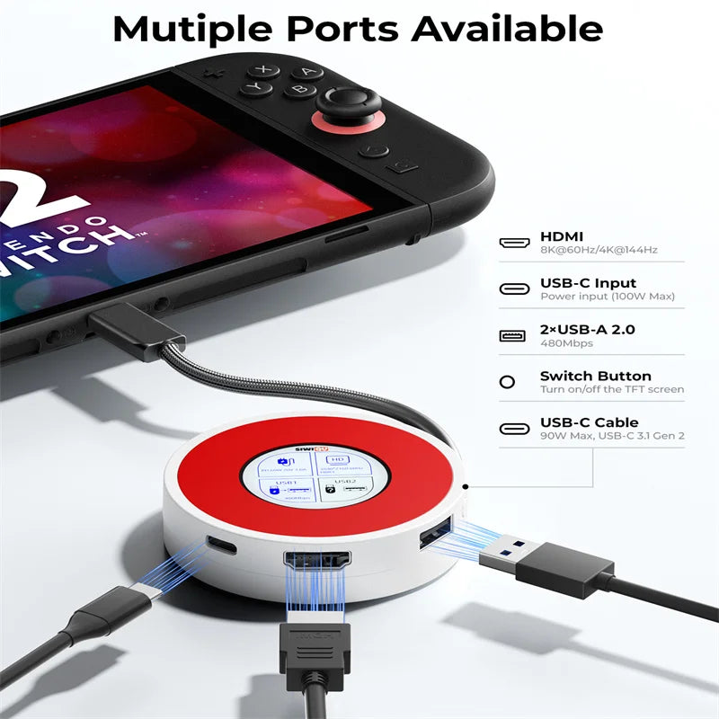 SIWIQU TV Dock Station for Nintendo Switch 2 & Switch 1/ROG Ally/Steam Deck,Smart TFT Status Display,8K@60Hz HDMI, Max 100W PD