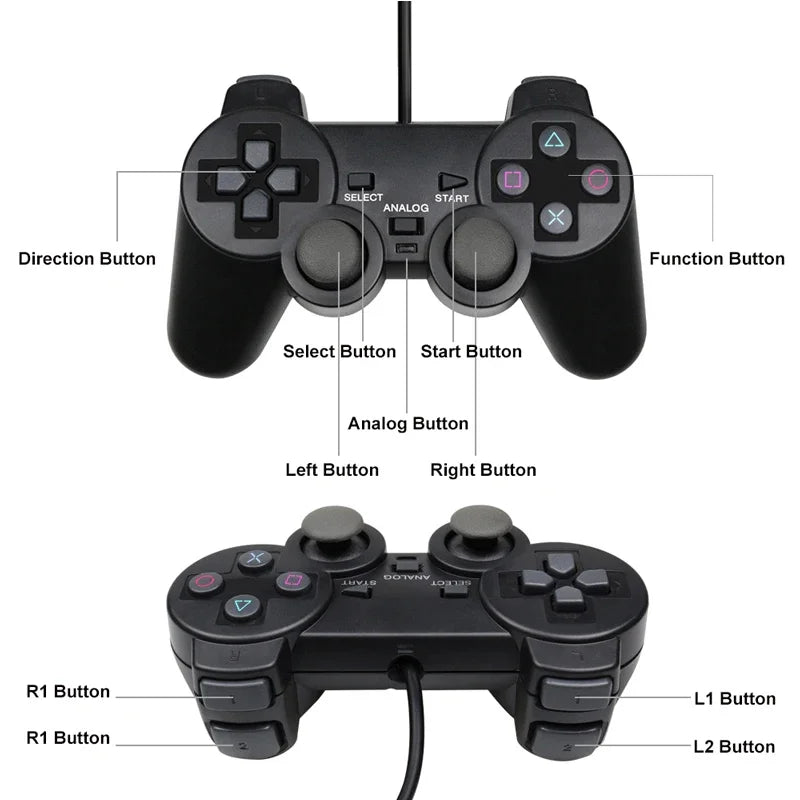 Transparent Wired Controller for PS2 and PS1, Vibration Gamepad