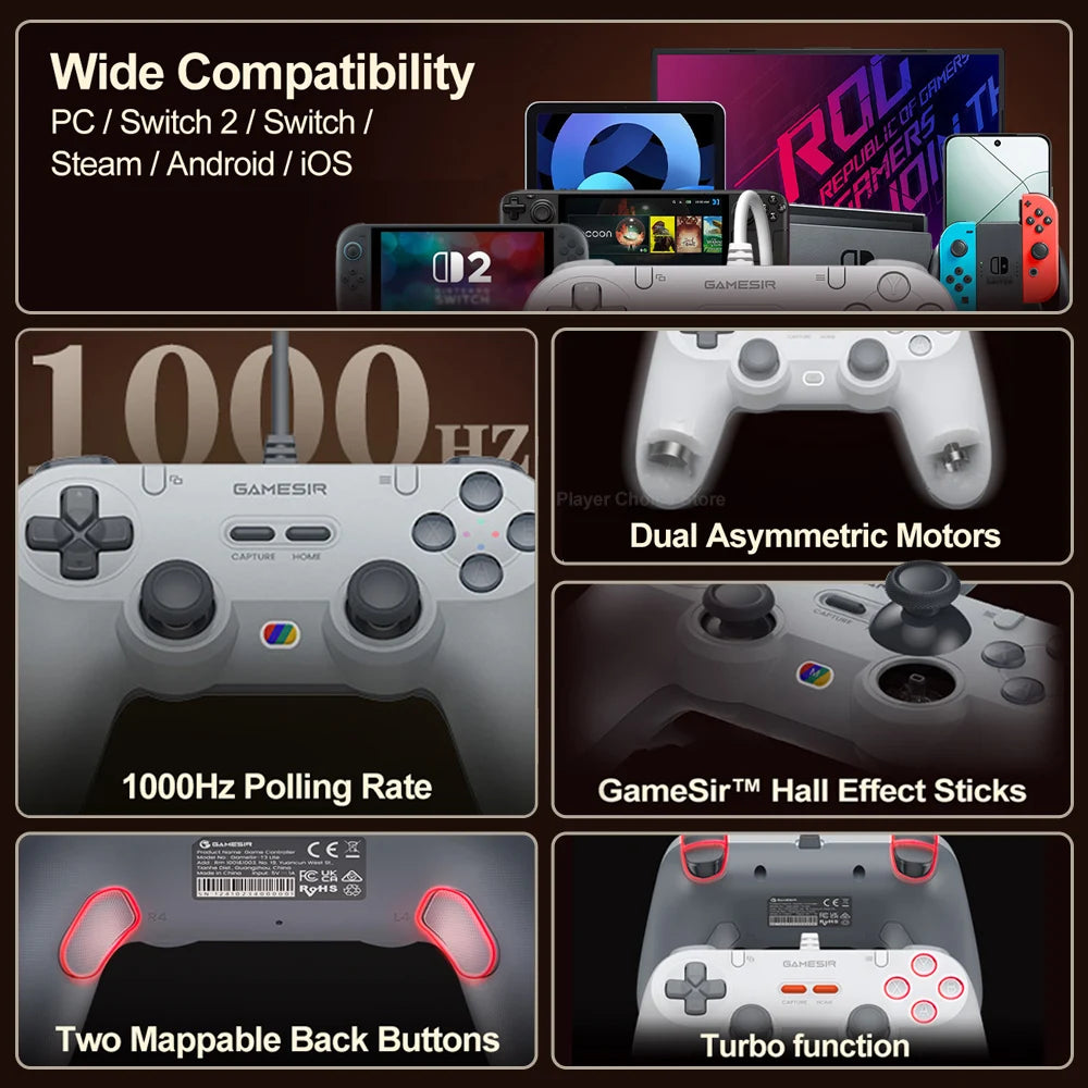GameSir Retro Wired Gamepads for PC Steam Switch 2/1 Controller Tegenaria Lite Controle Hall Effect Stick 1000Hz Polling Rate