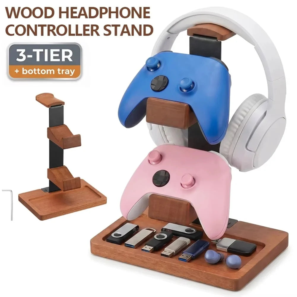 3-Layer Solid Wood Desktop Headphone and Controller Stand