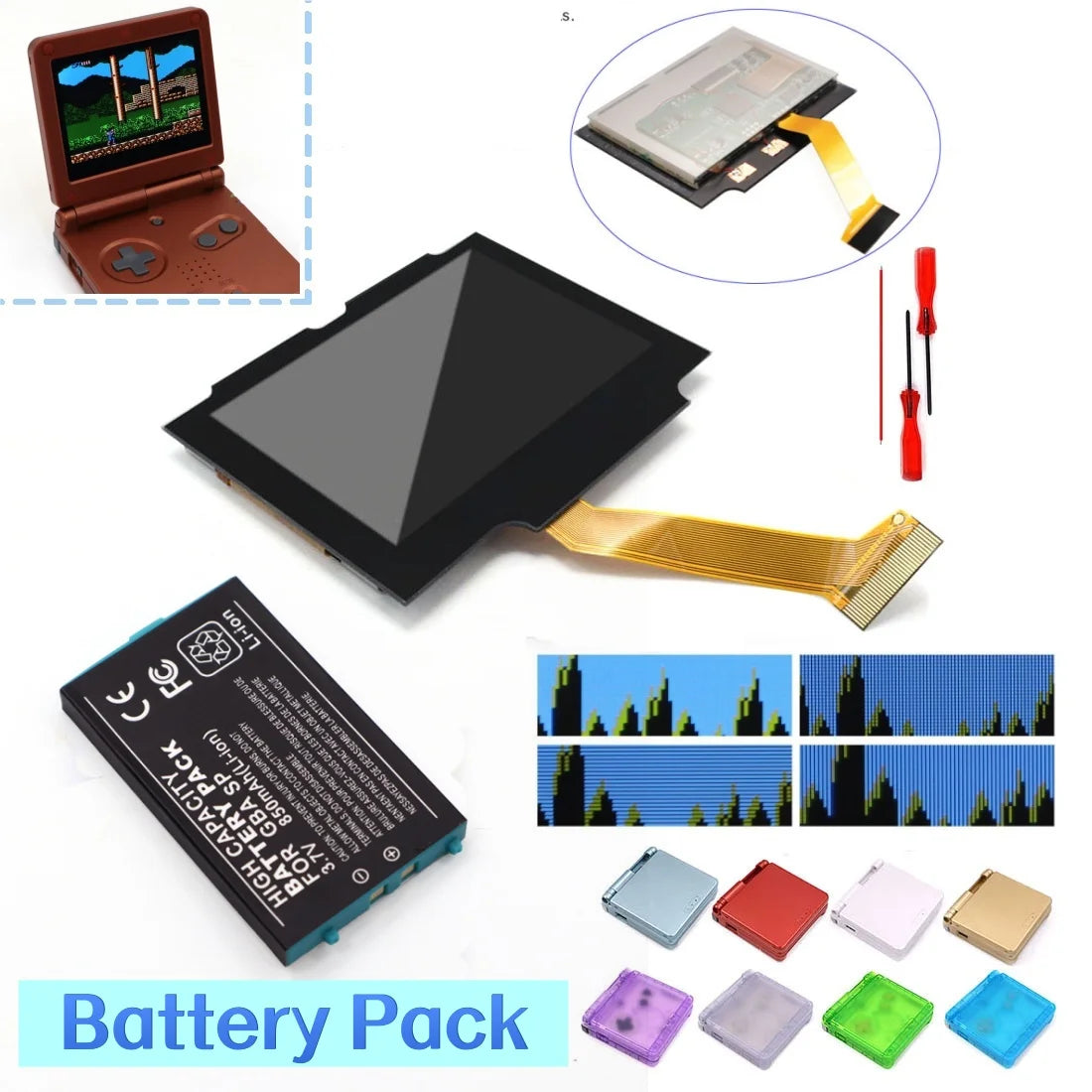 GBA SP V5 3.0 Inch IPS Screen Kit with 3.7V Rechargeable Pack