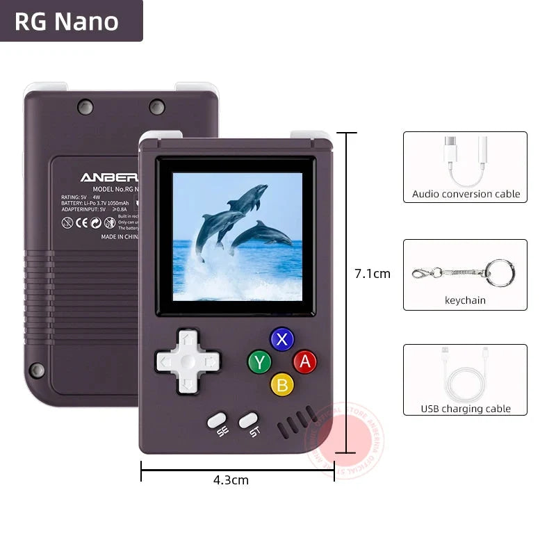 Handheld gaming console with screen displaying dolphins, surrounded by feature icons and dimensions.