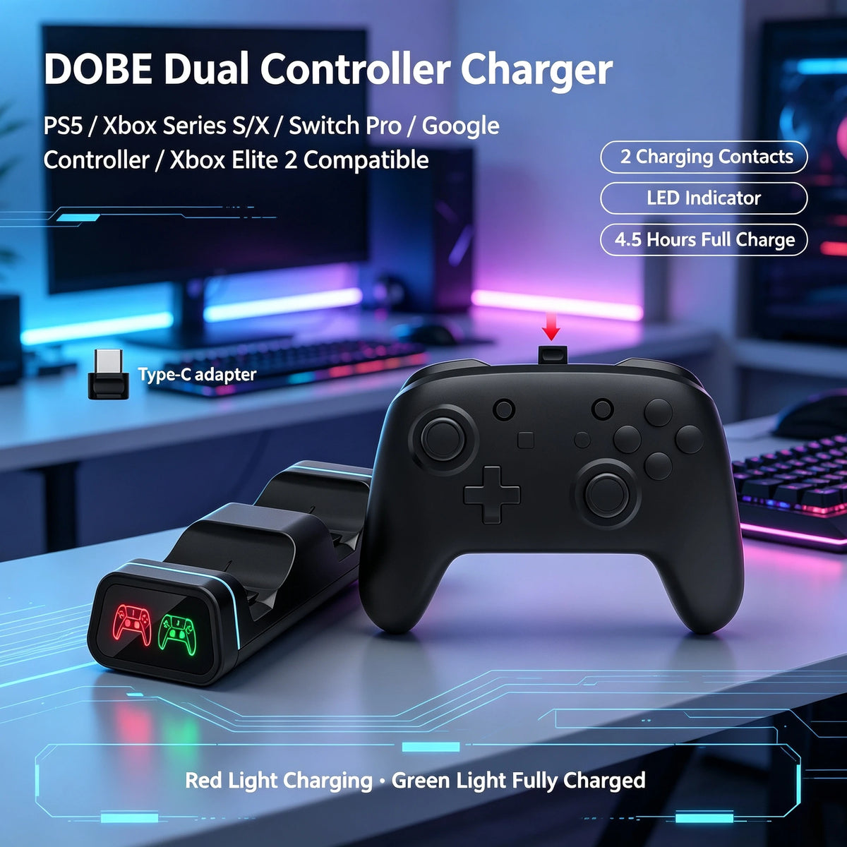 DOBE Dual Controller Charging Dock, Game Handle Charger Stand for Xbox Series X/S, PS5, Nintendo Switch Pro Controller