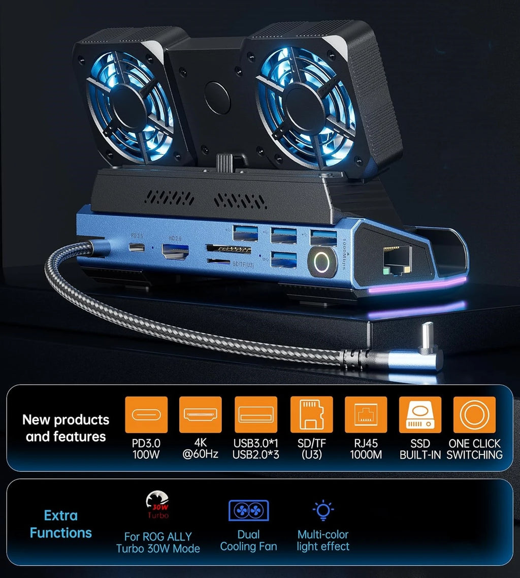 13-in-1 Steam Deck Dock for MSI Claw 8 EX AI+, Dual Fans, 4K60